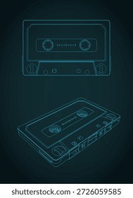 Compact cassette blueprints stylized vector illustration