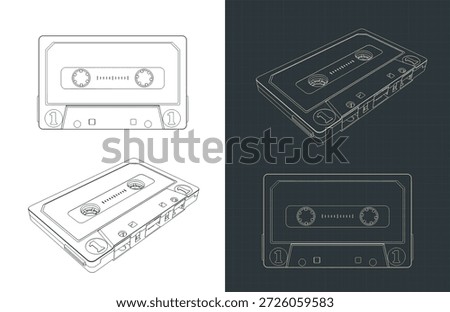 Compact cassette blueprints stylized vector illustrations
