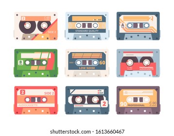 Compact cassette colorful flat vector illustration set