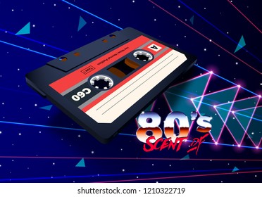 Compact Cassette Flying In Space With Laser Rays And Neon Triangles For 80s Styled New Retro Wave Music Party Poster, Banner Or Event Invitation