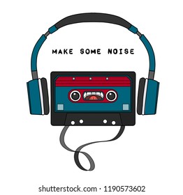  Compact Cassette and headphones. Hipster style and fashion concept, Can be used for printing on T-shirts, flyers and stuff. Vector illustration.