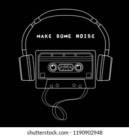  Compact Cassette and headphones. Hipster style and fashion concept, Can be used for printing on T-shirts, flyers and stuff. Vector illustration.