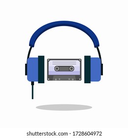 Compact Cassette and headphones. Hipster style and fashion concept, Can be used for printing on T-shirts, flyers and stuff. Vector illustration. EPS
