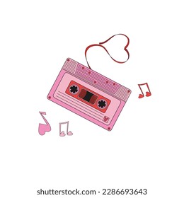 Compact Cassette with heart shaped tape. Retro cassette tape. Hippie groovy audio cassette. Valentines Day graphics. Vector illustration isolated on white.