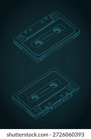 Compact cassette isometric blueprints stylized vector illustration