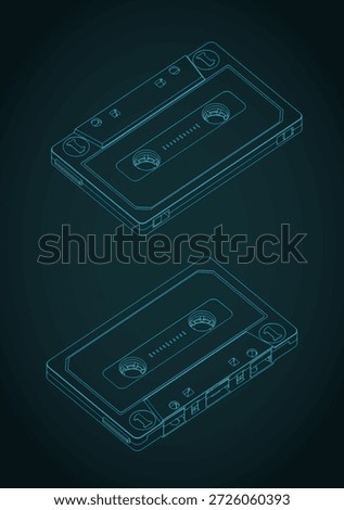Compact cassette isometric blueprints stylized vector illustration