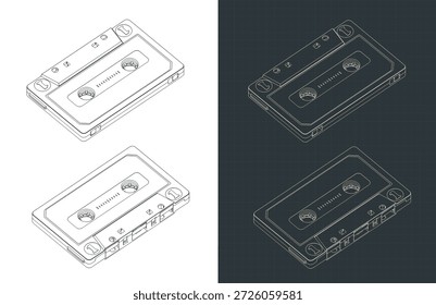 Compact cassette isometric drawings stylized vector illustrations