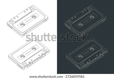 Compact cassette isometric drawings stylized vector illustrations