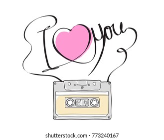 Compact Cassette or Musicassette and  hand drawn i love you , cassette tape, audio cassette with analog magnetic tape vector illustration art