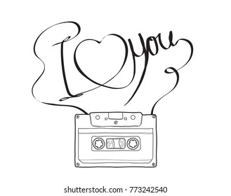 Compact Cassette or Musicassette and  hand drawn i love you , cassette tape, audio cassette with analog magnetic tape vector illustration line art