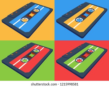 Compact cassette pattern with floating or flying 80s styled tape in perspective view