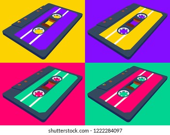 Compact cassette pattern with floating or flying 80s styled tape in perspective view