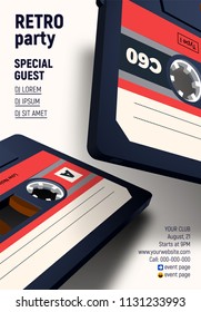 Compact cassette poster with flying old music mix tapes on retro 80s styled party invitation