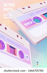 Compact cassette poster with vaporwave blue and pink colors and flying old music mix tapes on retro 80s styled party invitation