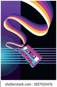 Compact Cassette Rainbow Tape Neon Glow Background 1980s Style