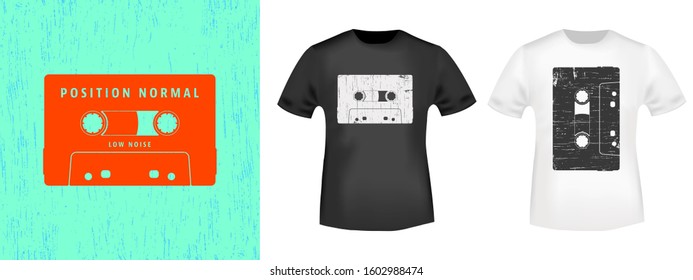 Compact cassette retro t-shirt print stamp for tee, t shirts applique, vintage fashion, badge, label clothing, jeans, and casual wear. Vector illustration.