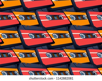 Compact cassette seamless pattern with floating or flying 80s styled tape in perspective view