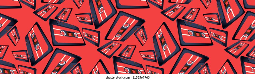Compact cassette seamless pattern with floating or flying 80s styled tape in perspective view