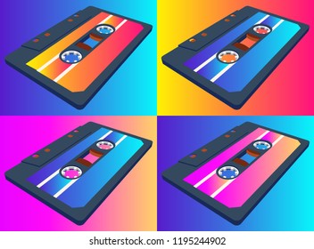 Compact cassette seamless pattern with floating or flying 80s styled tape in perspective view