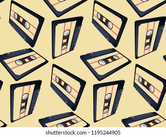 Compact cassette seamless pattern with floating or flying 80s styled tape in perspective view