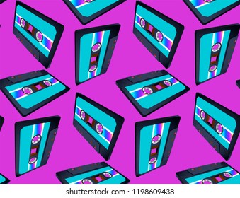 Compact cassette seamless pattern with floating or flying 80s styled tape in perspective view