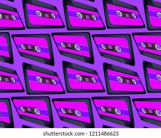 Compact cassette seamless pattern with floating or flying 80s styled tape in perspective view