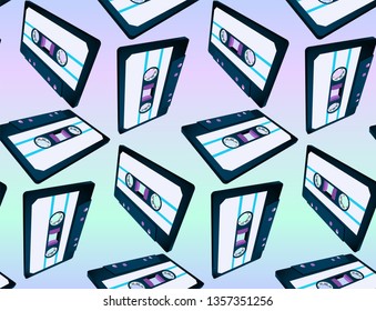 Compact cassette seamless pattern with floating or flying 80s styled vaporwave tape in perspective view