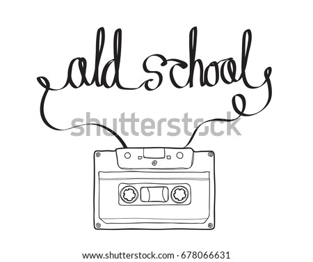 Compact Cassette or , cassette tape, audio cassette with analog magnetic tape in form and shape of  old school Text hand drawn vector illustration line art
