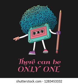 Compact Cassette Tape Character with Pencil. Super Afro Haircut Style. Mixtape Illustration.  There Can be Only One. Pop Music 80s, 90s. Graphics, Banners, Advertisements, Stickers, Labels, T-shirt.