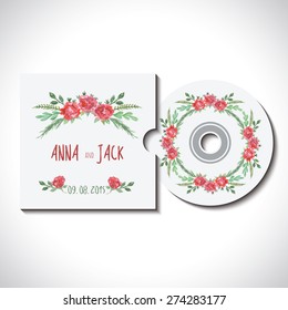 Compact cd dvd disk with cover, identity template with watercolor pink, red, green flowers for wedding, save the date, mothers day, valentines day, birthday white background Vector illustration eps 10