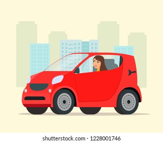 Compact city red car with driver woman side view. Vector flat style illustration