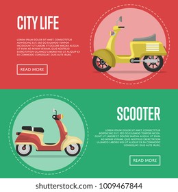 Compact city transport flyers with classic mopeds. Personal mobility and transportation, urban retro motorcycle. Motorbike shop advertising campaign, new discound proposition vector illustration.