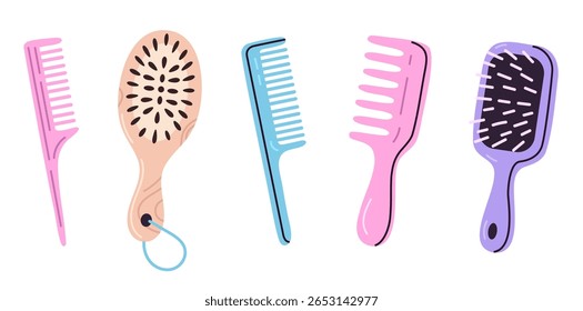 Compact collection of plastic hairbrush and combs in pastel tones for hair grooming