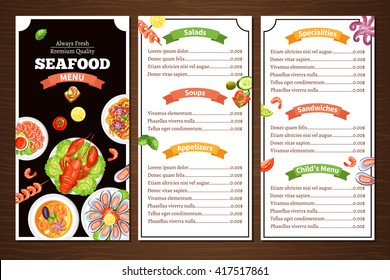 Compact color menu for seafood cafe or restaurant with wood background with title group of meal vector illustration