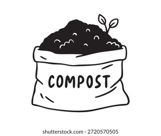 La bolsa de compost compacta que rebosa de tierra rica, el estilo amigable dibujado a mano evoca la escena del taller comunitario, el proyecto del jardinero urbano, la emergencia de las plántulas y la textura del suelo que promueven los programas locales de compost