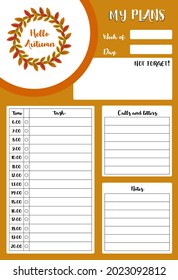 Compact and convenient planner for the day "My plans" with an autumn theme. Vector illustration and tables. Autumn symbol. Schedule for office and study.