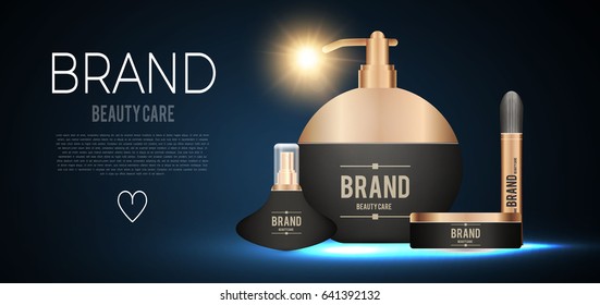 Compact Cosmetics Packaging Foundation Design Template with Spotlights. Lotion, Perfume Brush, Creme and Mascara.  Vector illustration