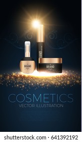 Compact Cosmetics Packaging Foundation Design Template with Spotlights. Lotion, Perfume and Mascara.  Vector illustration