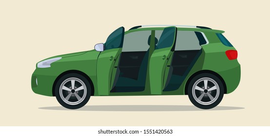 Compact CUV car with open driver's and passenger doors. Vector illustration.