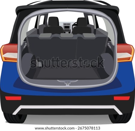 
A compact, dark blue SUV is shown from the back, with its trunk open, revealing the interior cargo area and the back seats.