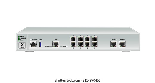 Compact Desktop Firewall with 2 RJ45 1 Gbps WAN ports, 1 RJ45 1 Gbps DMZ port, 8 RJ45 1 Gbps LAN ports, USB 3.0 port and RJ45 console port. Vector illustration.