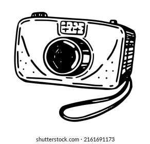Compact digital camera sketch clipart. Photograph device equipment doodle isolated on white. Hand drawn vector illustration in engraving style.