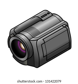 A compact digital hand-held video camera.