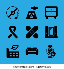 compact disc, awareness ribbon, mirror, patch, factory, microphone, power plant, cupboard and sofa vector icon. Simple icons set