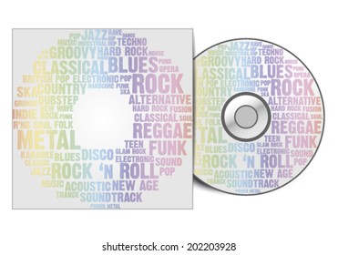 Compact disc and box design with music genres