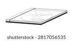 Compact disc case 2D line object. CD music in transparent storage. Physical media format. Computer accessory. DVD jewel case isolated clipart vector outline item. Black and white spot illustration