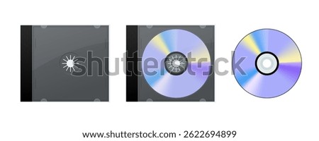 Compact disc or DVD with cover and in transparent case and without case, isolated on white background representing music, data storage and software distribution
