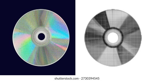 Compact disc graphic in black and white with halftone dots. Retro grunge CD cut-out collage element in Y2K pop art style for music, computer, mixed media and trendy vintage design.