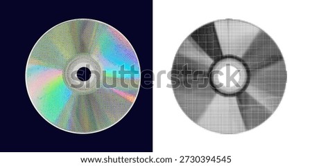 Compact disc graphic in black and white with halftone dots. Retro grunge CD cut-out collage element in Y2K pop art style for music, computer, mixed media and trendy vintage design.