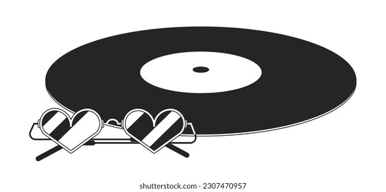 Compact disc with heart shaped glasses line art vector cartoon icon. Vinyl music. Editorial, magazine spot illustration black and white. Outline object isolated on white. Editable 2D simple drawing